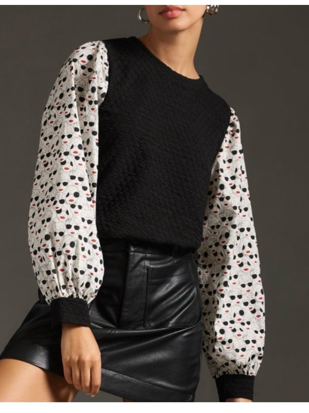 NWT Porridge Anthropologie Black Knit Sweatshirt with Printed Balloon Sleeves 2X